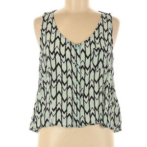 Forever 21 Woman’s Tank Sleeveless High-Lo Blouse Black Green Chevron Button M